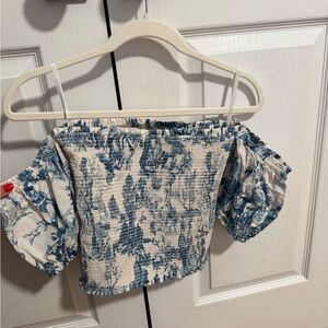 Gianni Bini Blue and White Off-Shoulder Crop Top